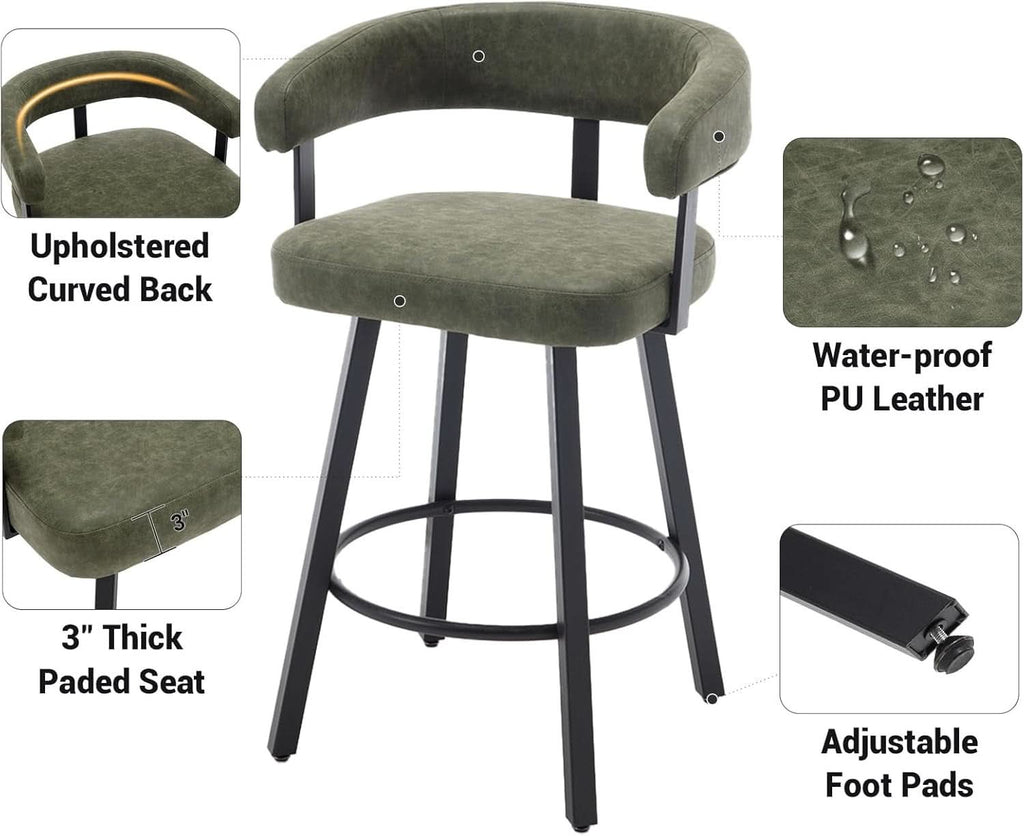 Green Leather Counter Height Bar Stools Set Of 4 With Backs 25 Inch