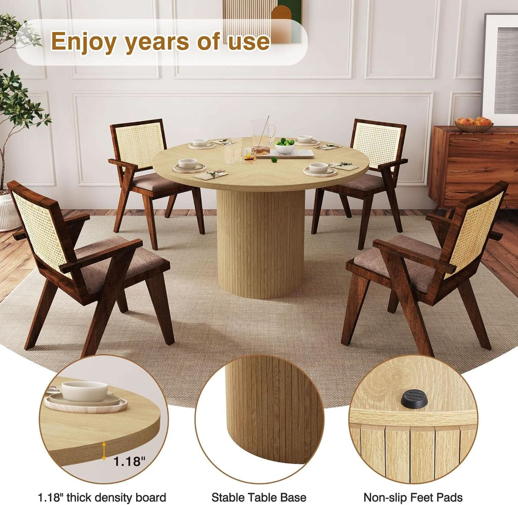 47 Inch Round Dining Table Natural Wood Farmhouse Fluted