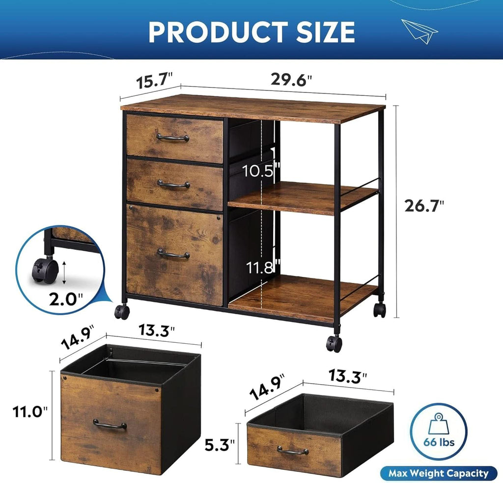 3 Drawer Mobile File Cabinet Fits A4 Or Letter Size With Rolling Printer Stand Rustic Brown Wood Grain