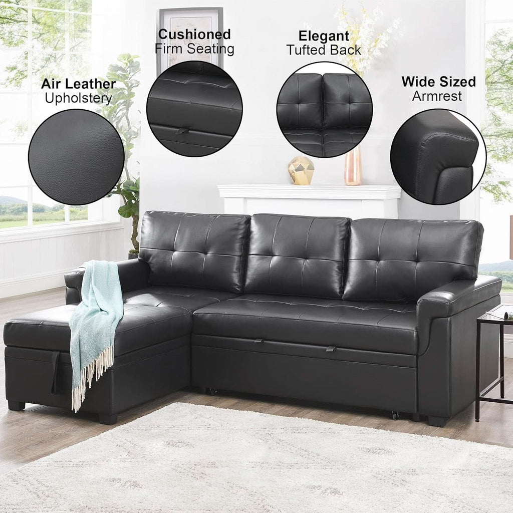 Sleeper Sectional Sofa Black Leather With Convertible Bed