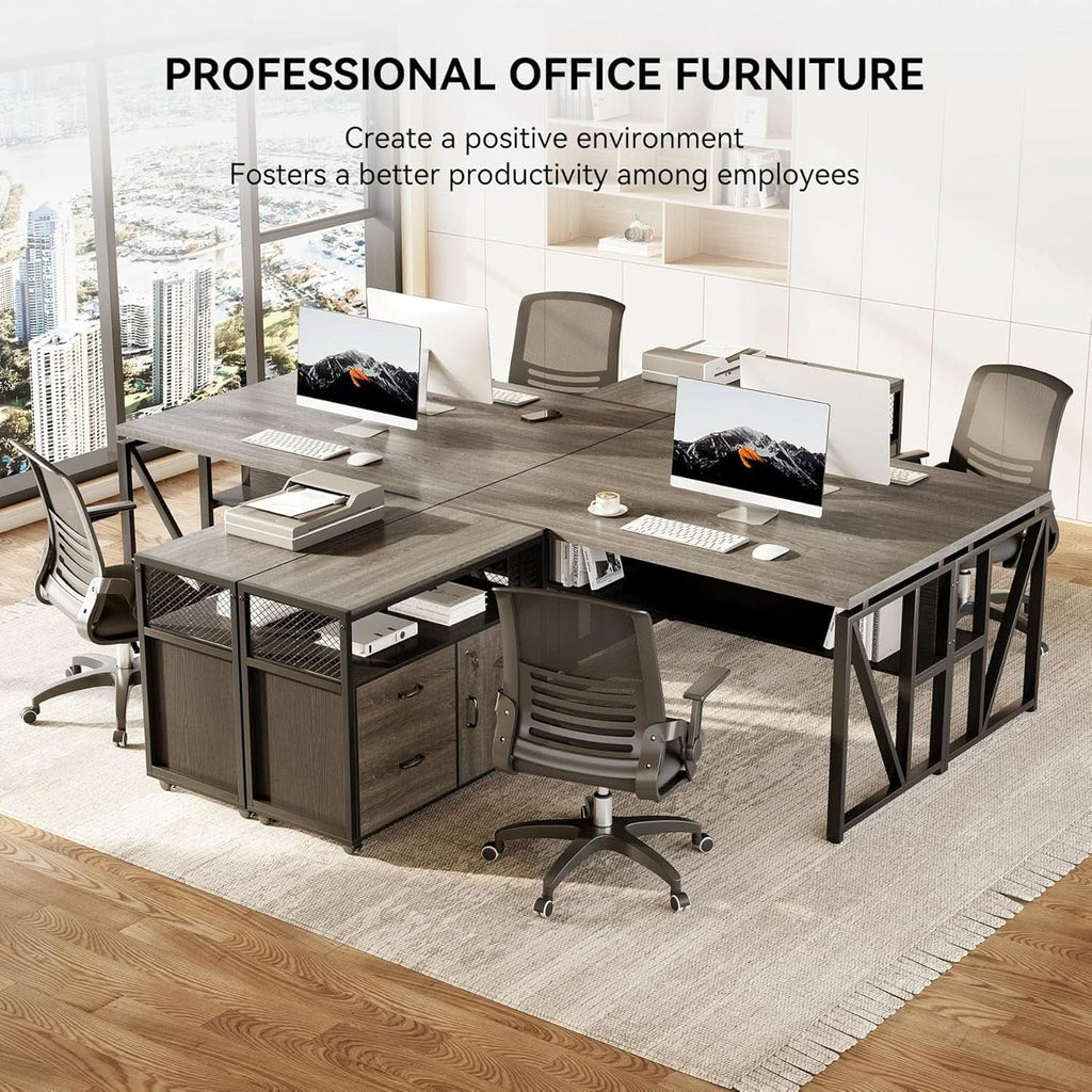 55 Inch L Shaped Office Desk With Grey Filing Cabinet Set