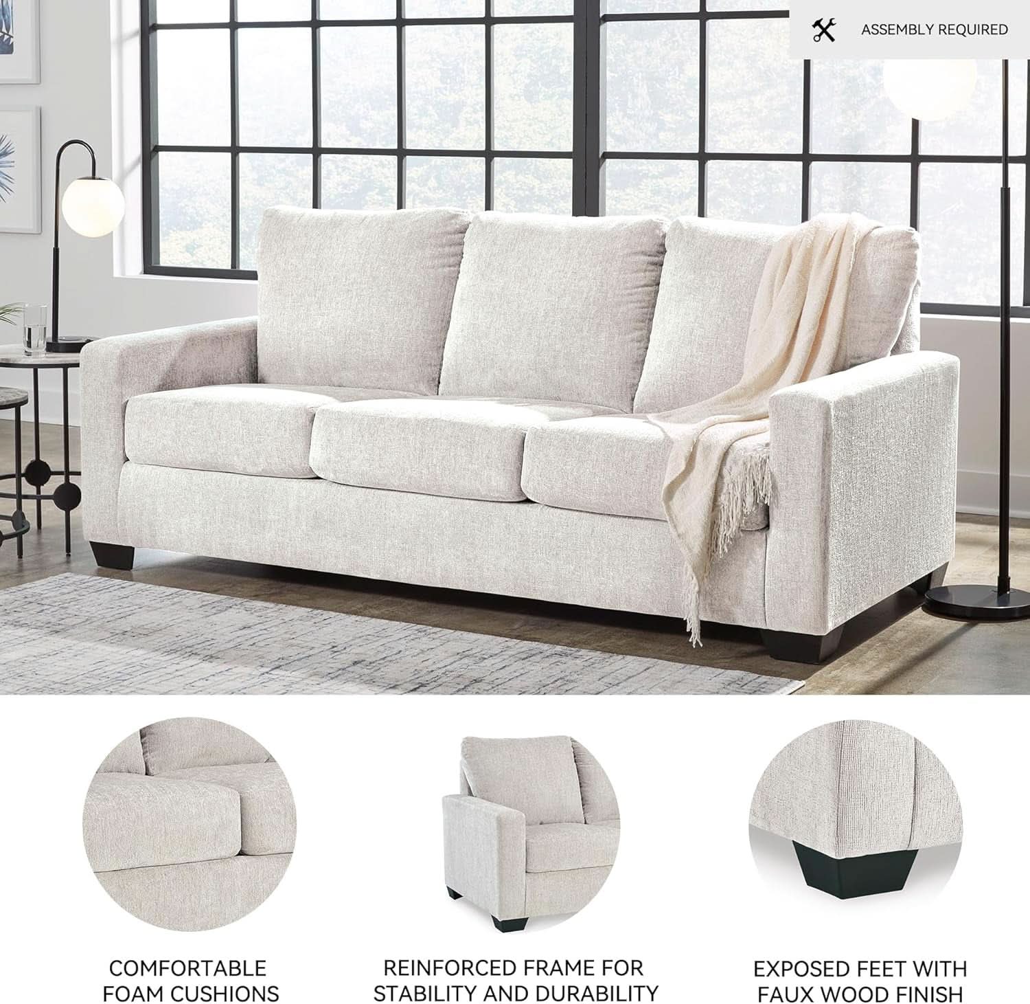 White Queen Upholstered Sleeper Sofa With Gel Memory Foam