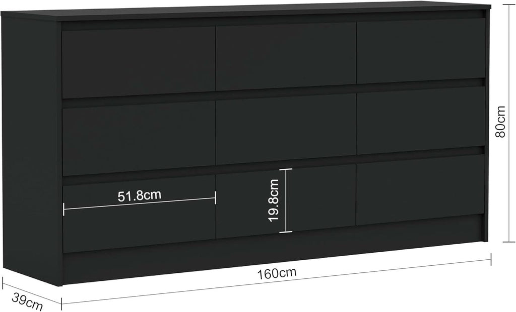 Black 9 Drawer Wood Dresser Cabinet Large For Bedroom
