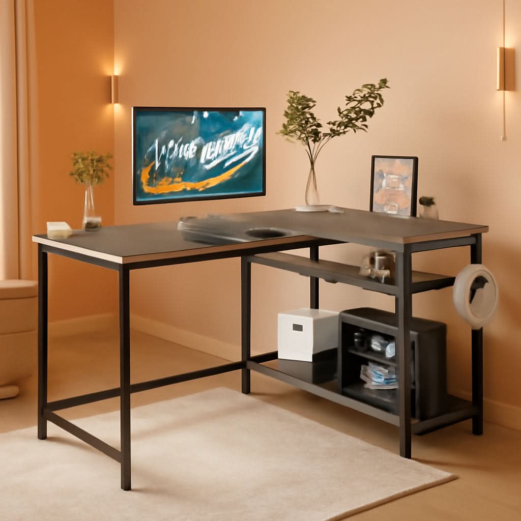 43 Inch L Shaped Desk With Reversible Shelves Espresso Gray