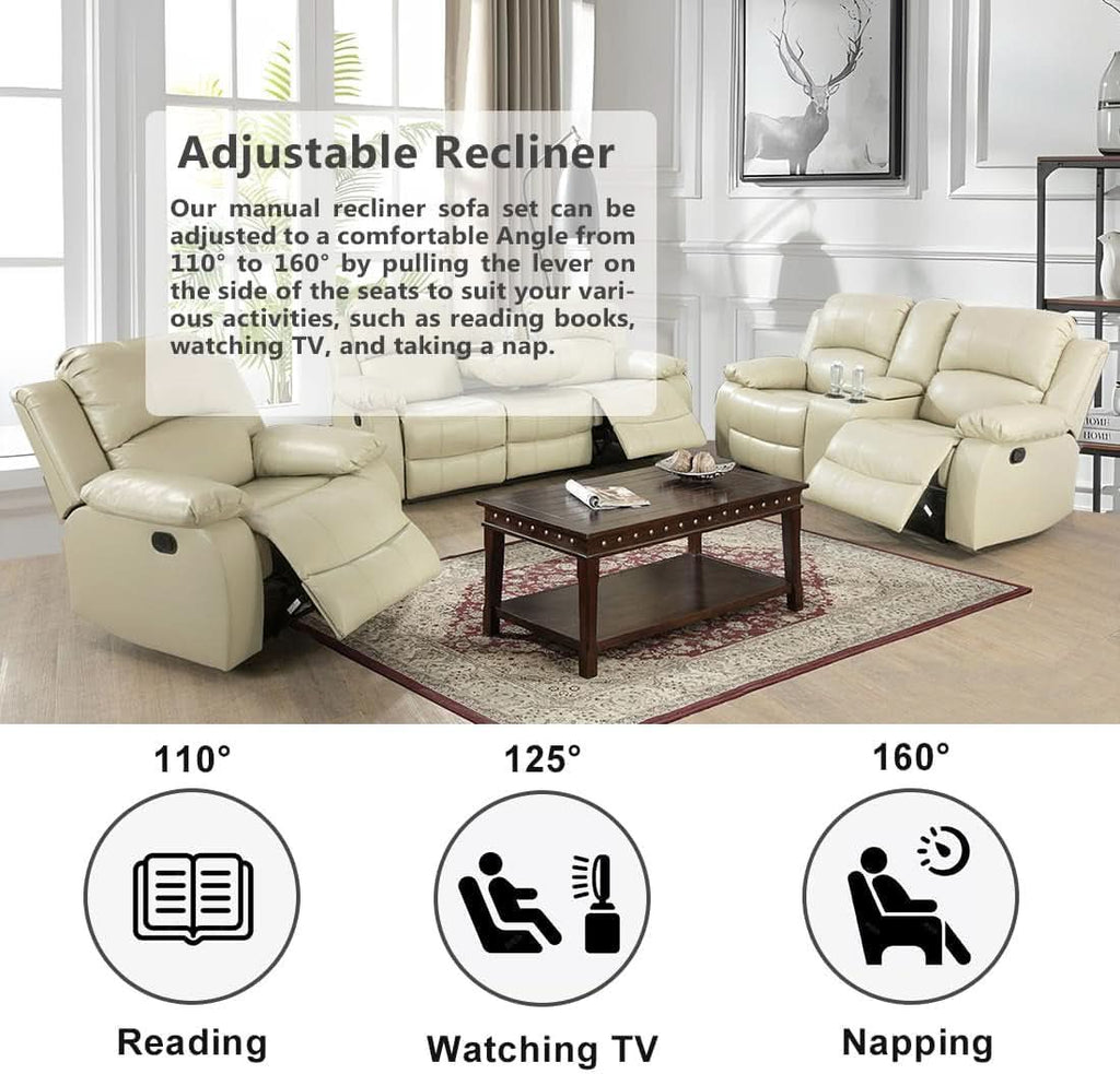 Beige 3 Seater Manual Reclining Sofa With Cup Holders