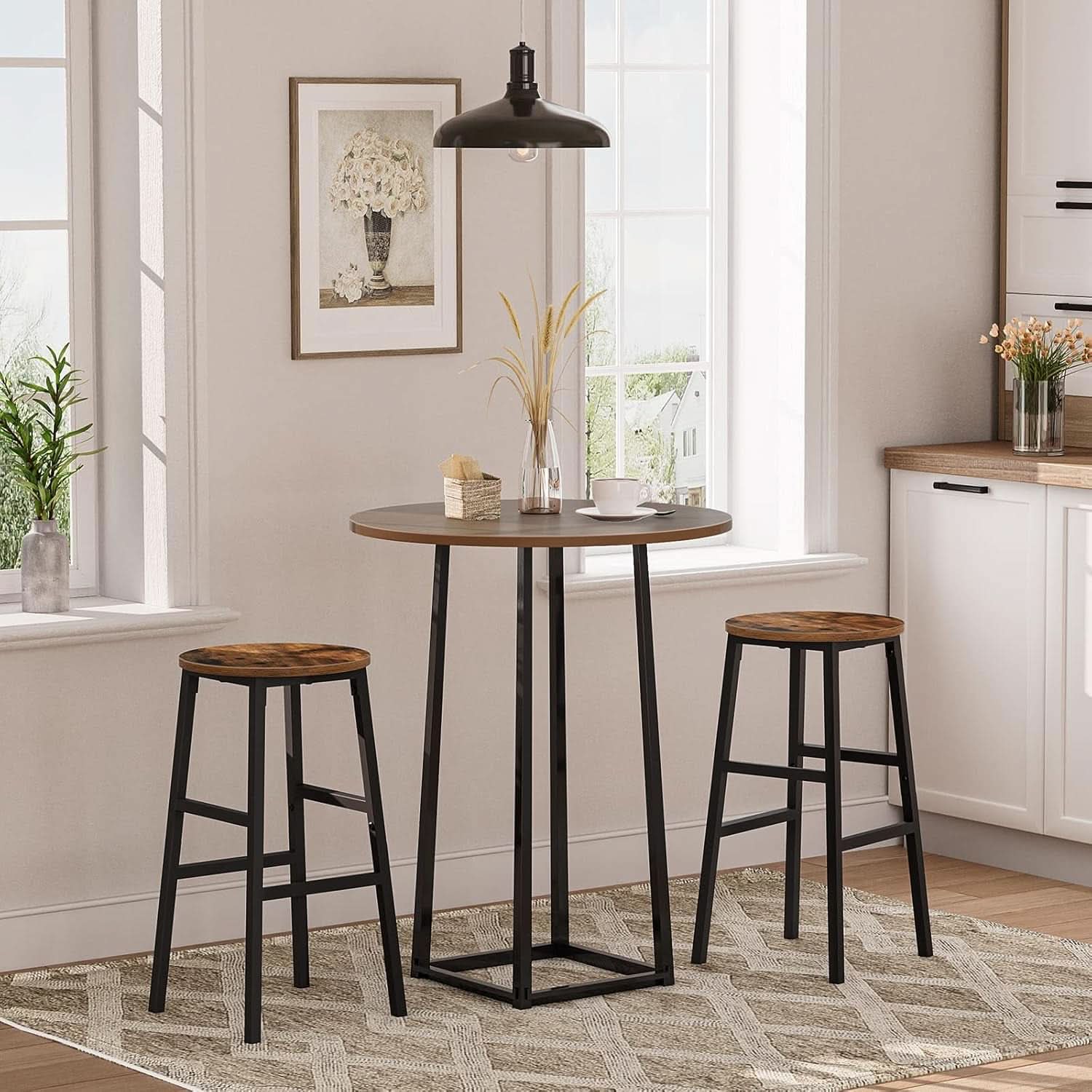 Round Bar Stools Set of 2 With Footrest 24.4 Inch Industrial Rustic Brown