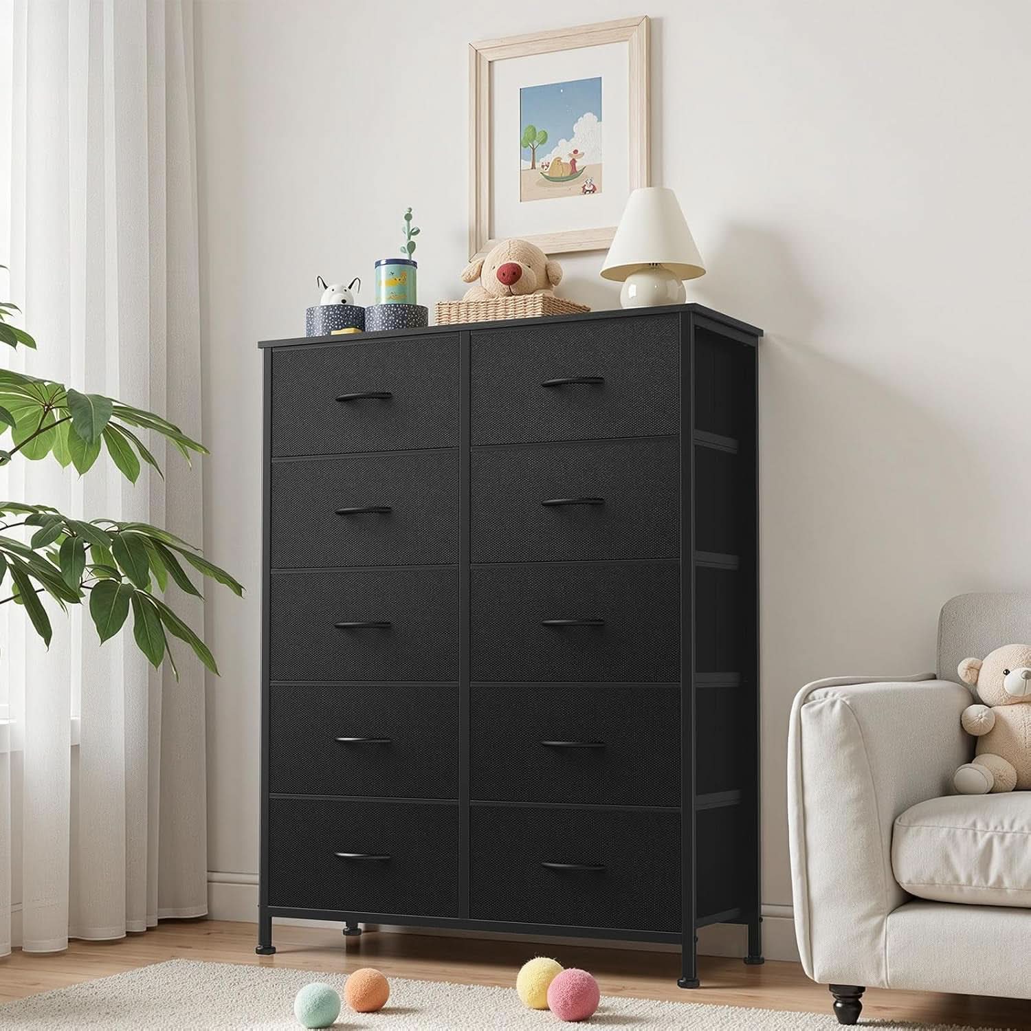 10 Drawer Dresser With Black Premium Fabric Finish And Durable Metal Frame For Bedroom Storage And Organization
