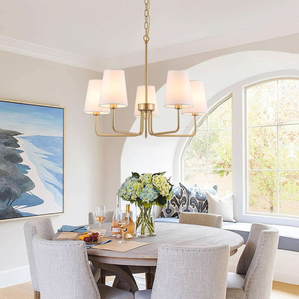 Five Light Gilded Farmhouse Chandelier With White Shades