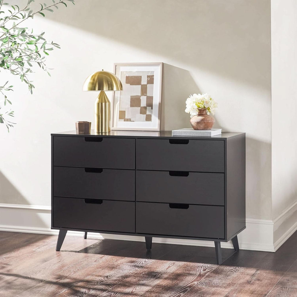 Modern Six Drawer Dresser Black 52 Inch Bedroom Storage