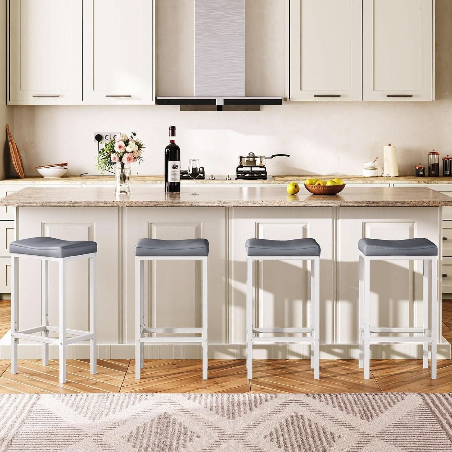 Saddle Bar Stools Set of 2, 24.8 Inches, White and Gray