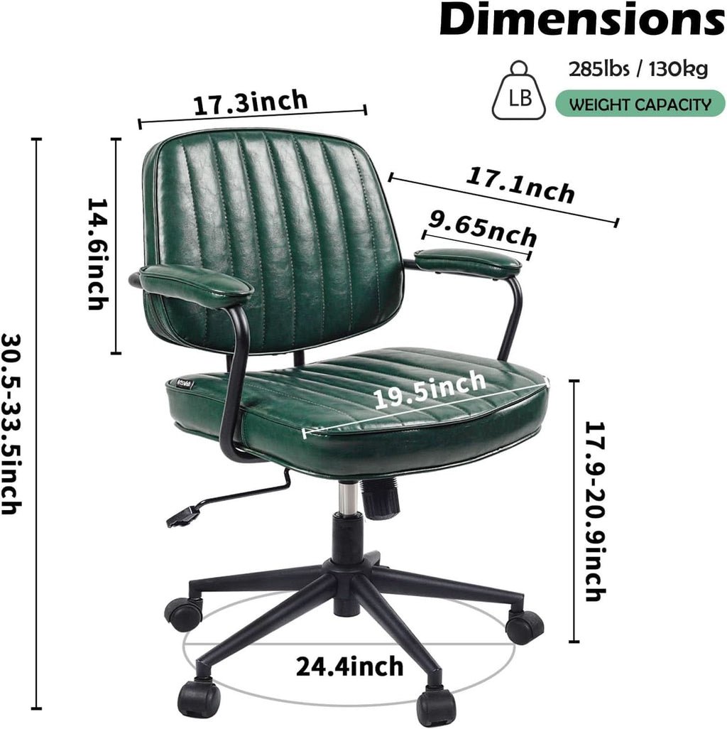 Green Leather Mid Century Office Chair With Wheels And Arms