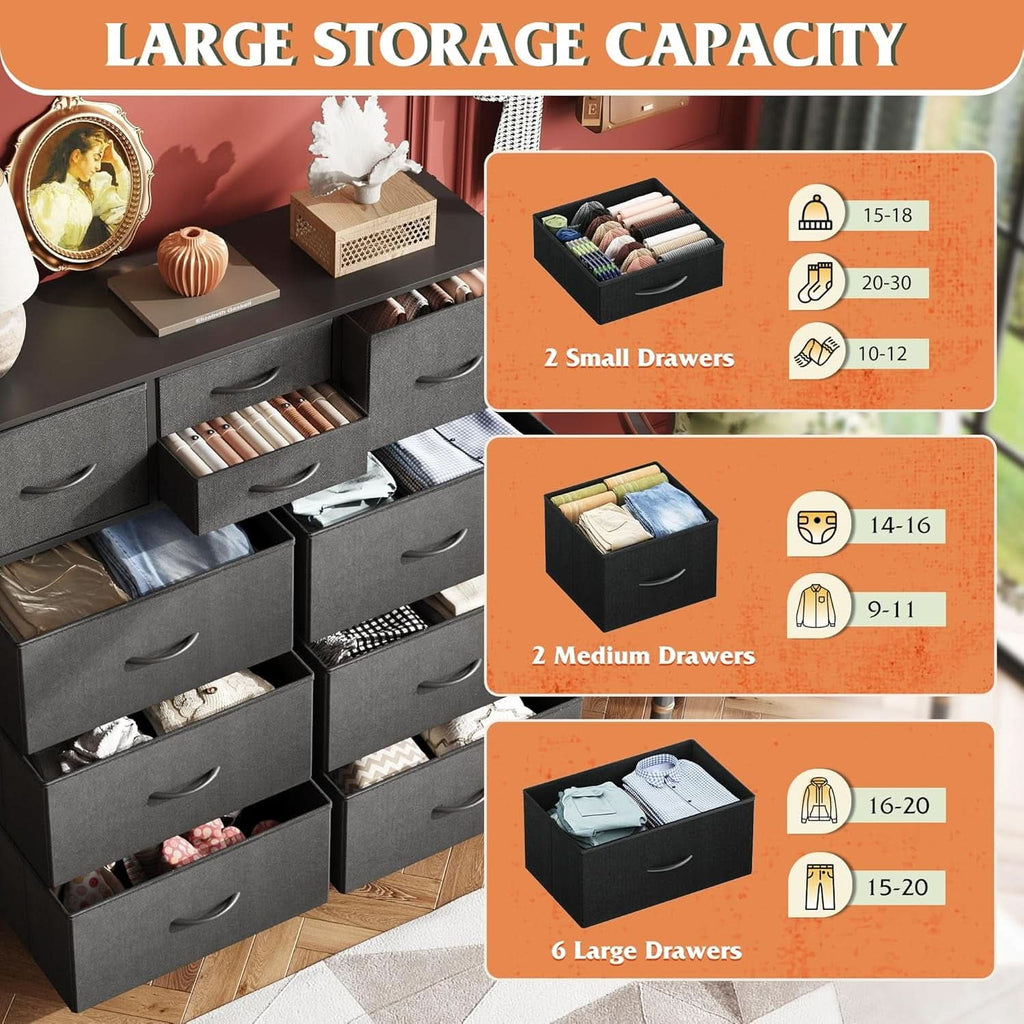 10 Drawer Dresser With Black Finish For Bedroom Storage