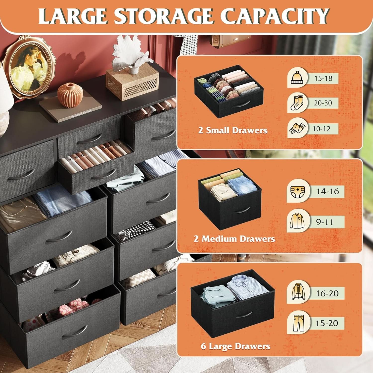 10 Drawer Dresser With Black Finish For Bedroom Storage