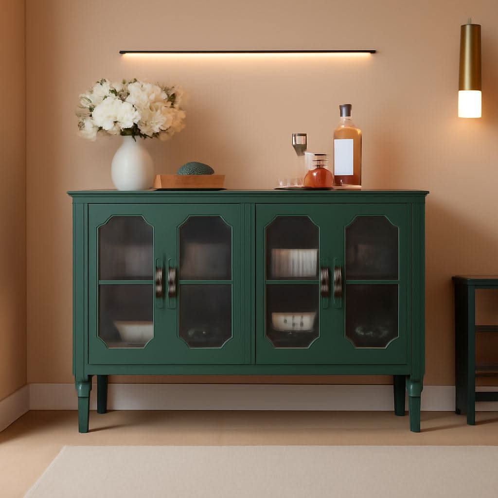 Vintage Green Glass Doors Buffet Sideboard Storage 48 Inch