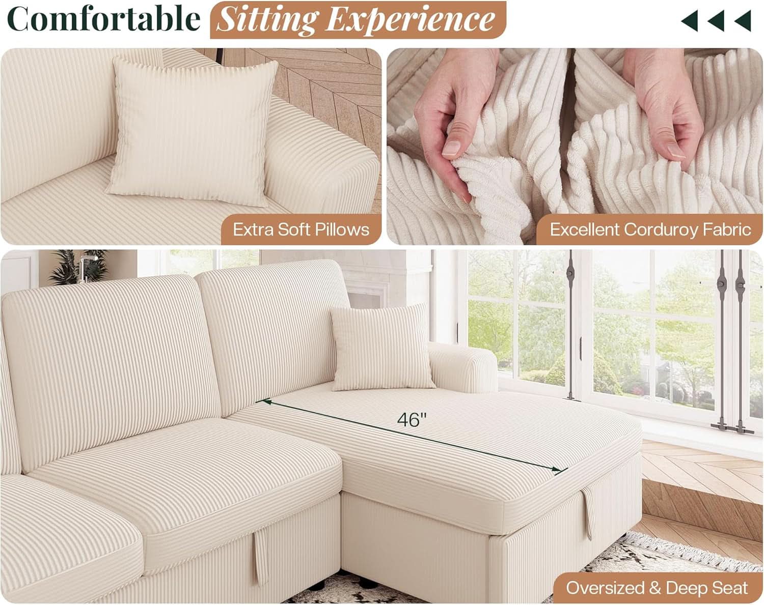 130Inch Beige Upholstered Sleeper Sofa With Storage