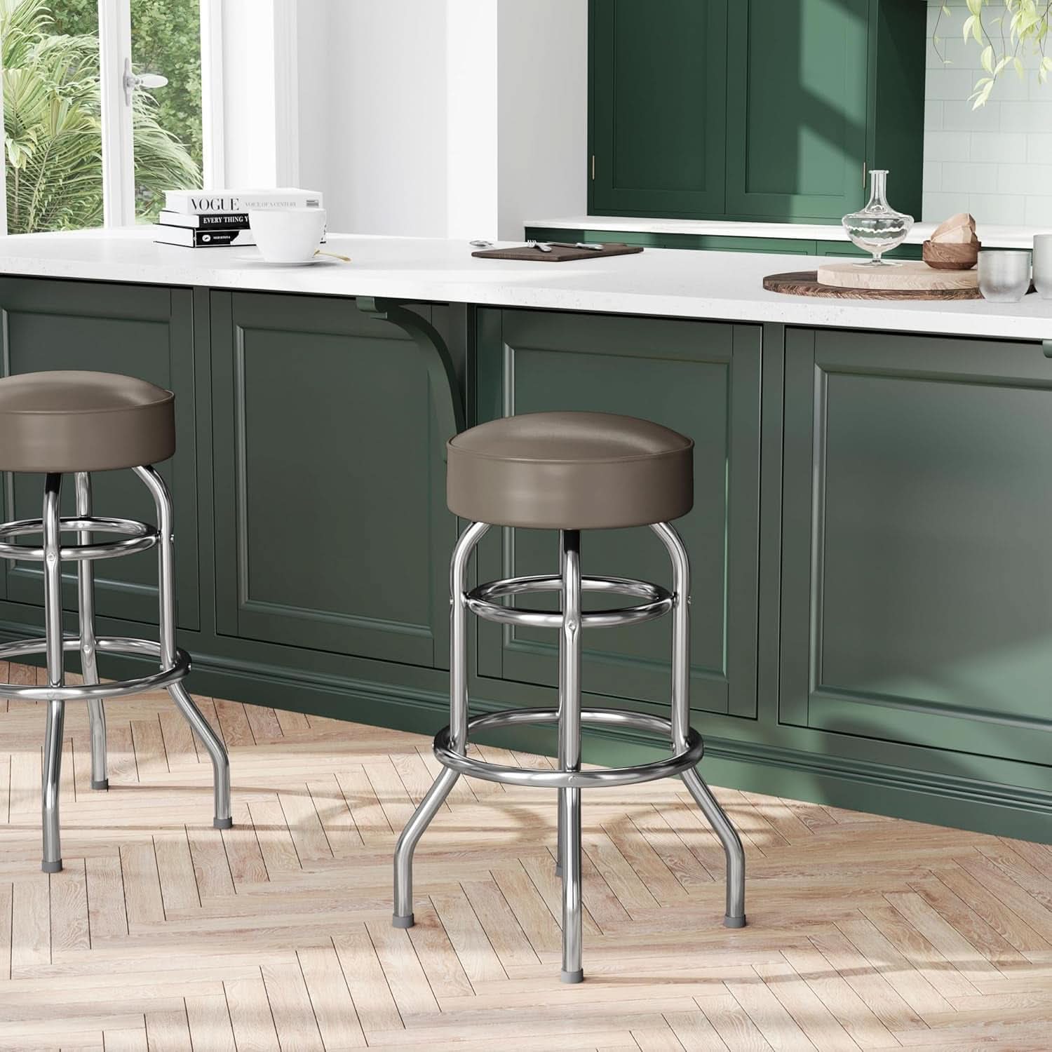 Bruno 2 Pack Chrome Bar Stools Beige Seats Swivel Set
