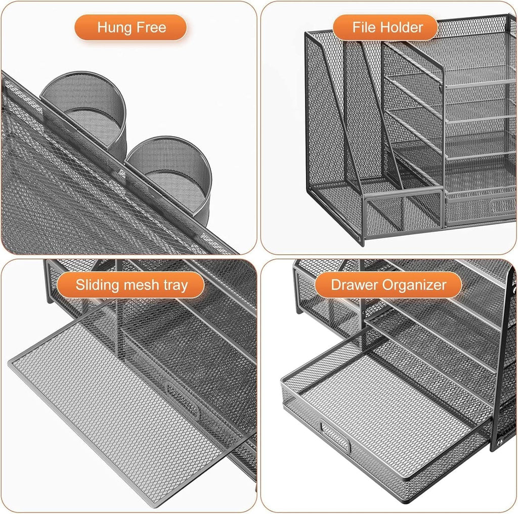 Grey 5 Tier Mesh Desk Organizer With Drawer And File Trays