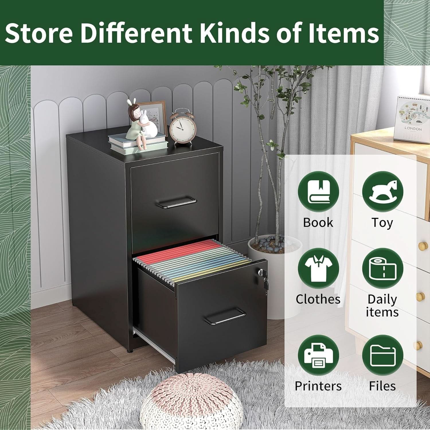 Two Drawer Locking Steel File Cabinet for Home Office Vertical Letter Size Black