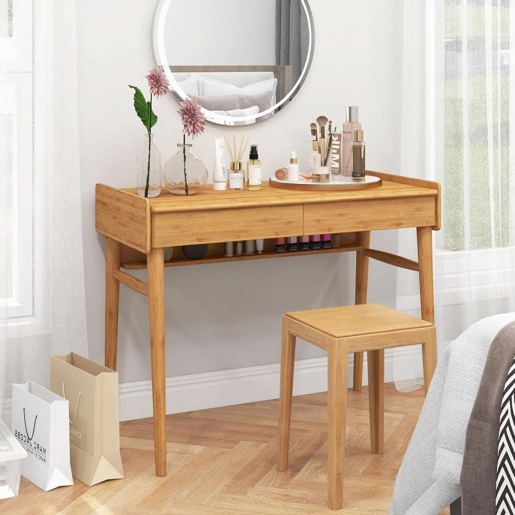 Bamboo Computer Desk with Drawers and Open Shelf
