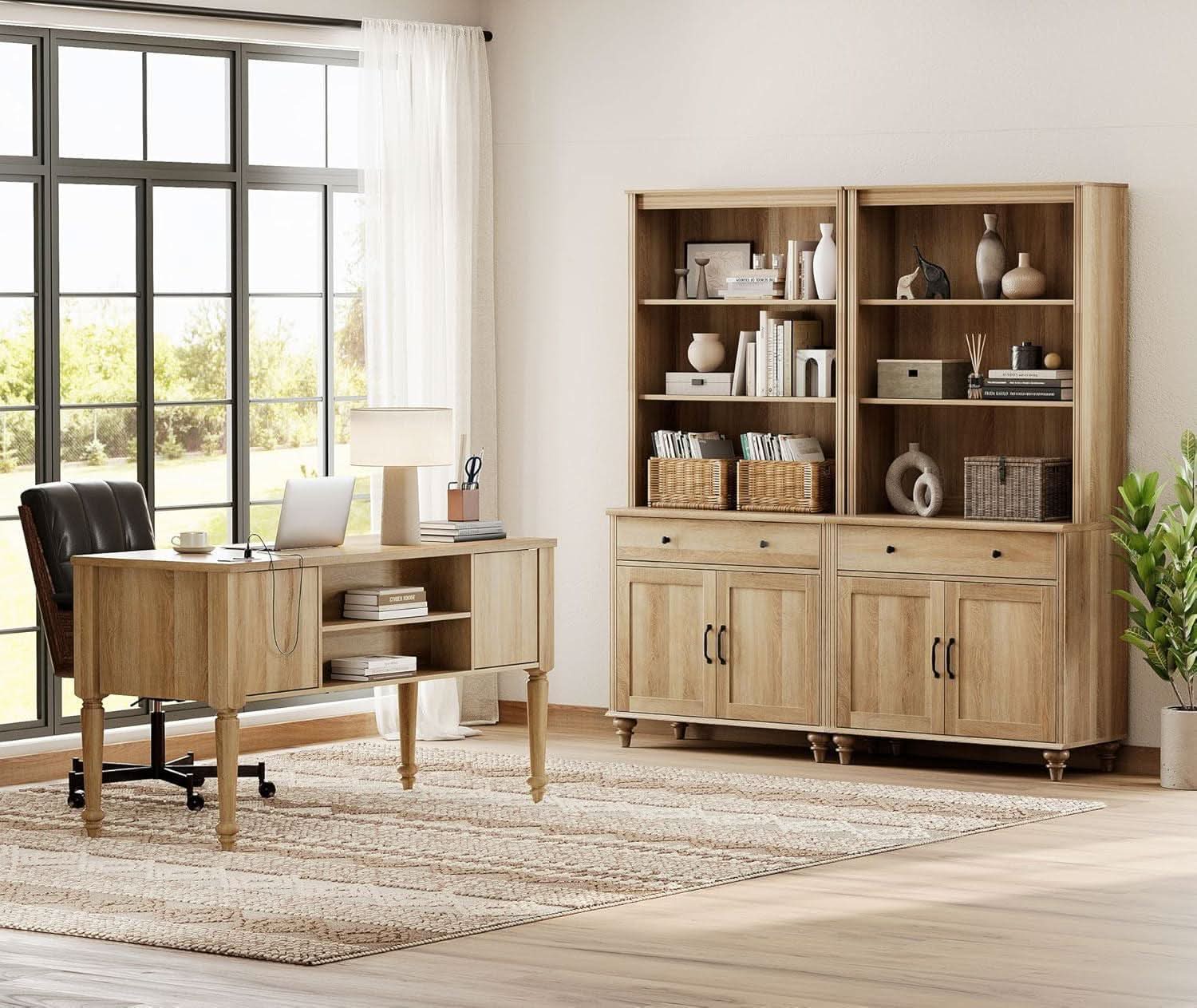 Elegant Oak 56 Inch Executive Desk Charging Station