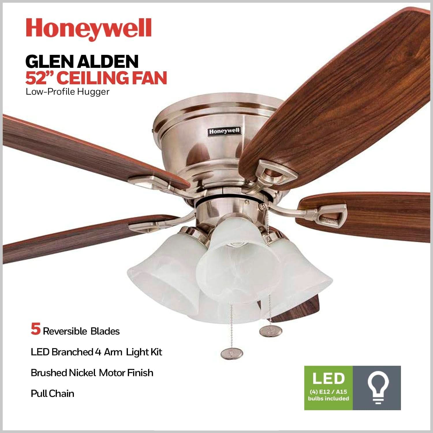 52 Inch Brushed Nickel LED Five Blade Ceiling Fan Light