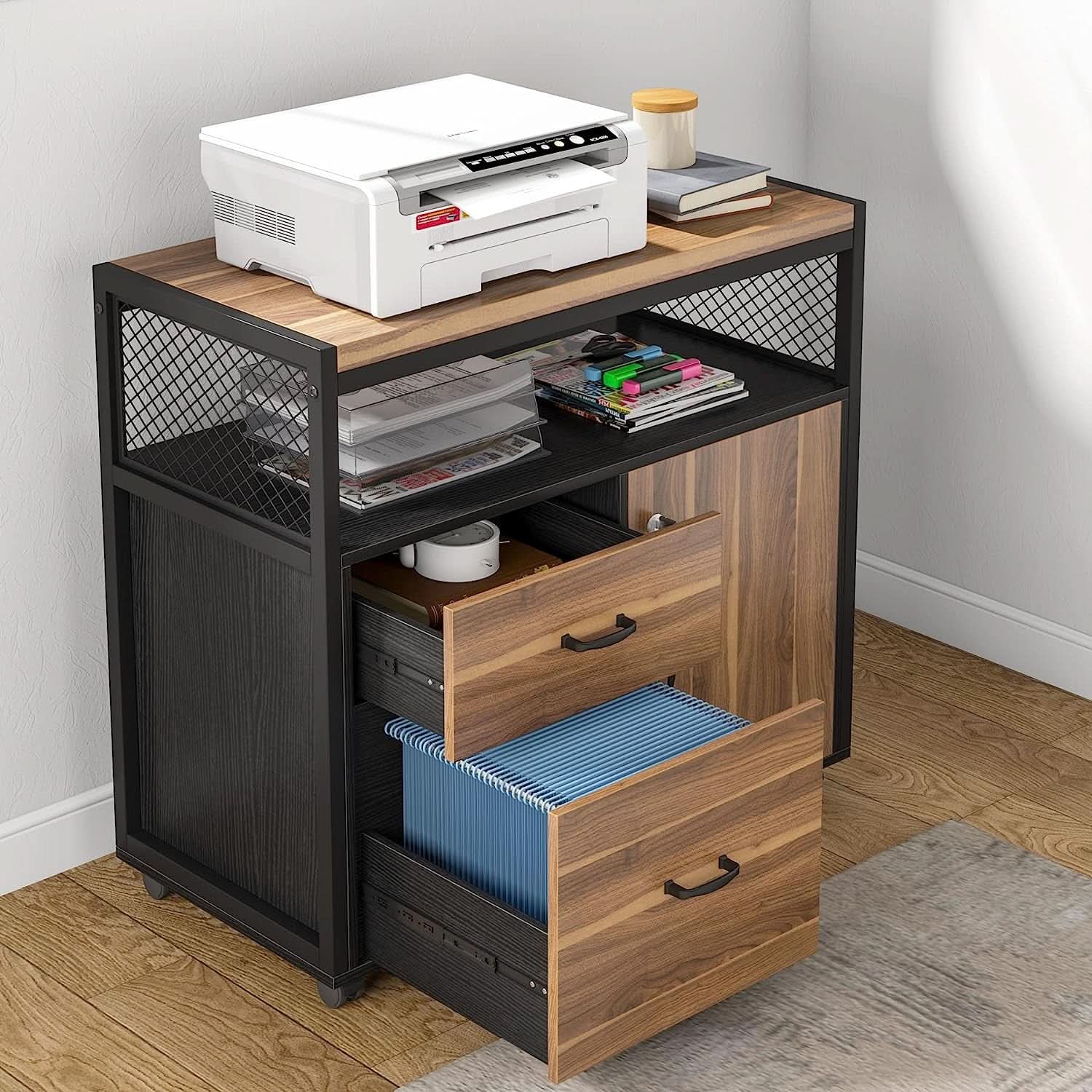 Rustic L Shaped Desk With Storage Cabinet On Wheels