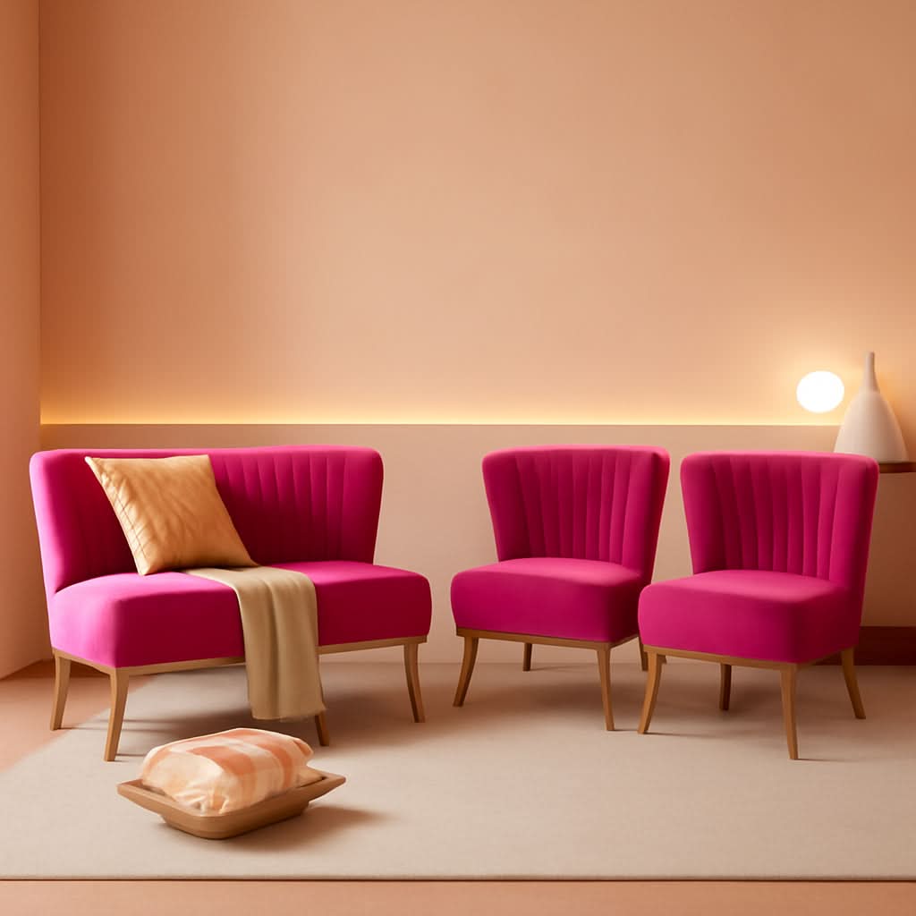 3 Piece Velvet Living Room Set Fuchsia Loveseat With Gold Legs And Accent Chairs