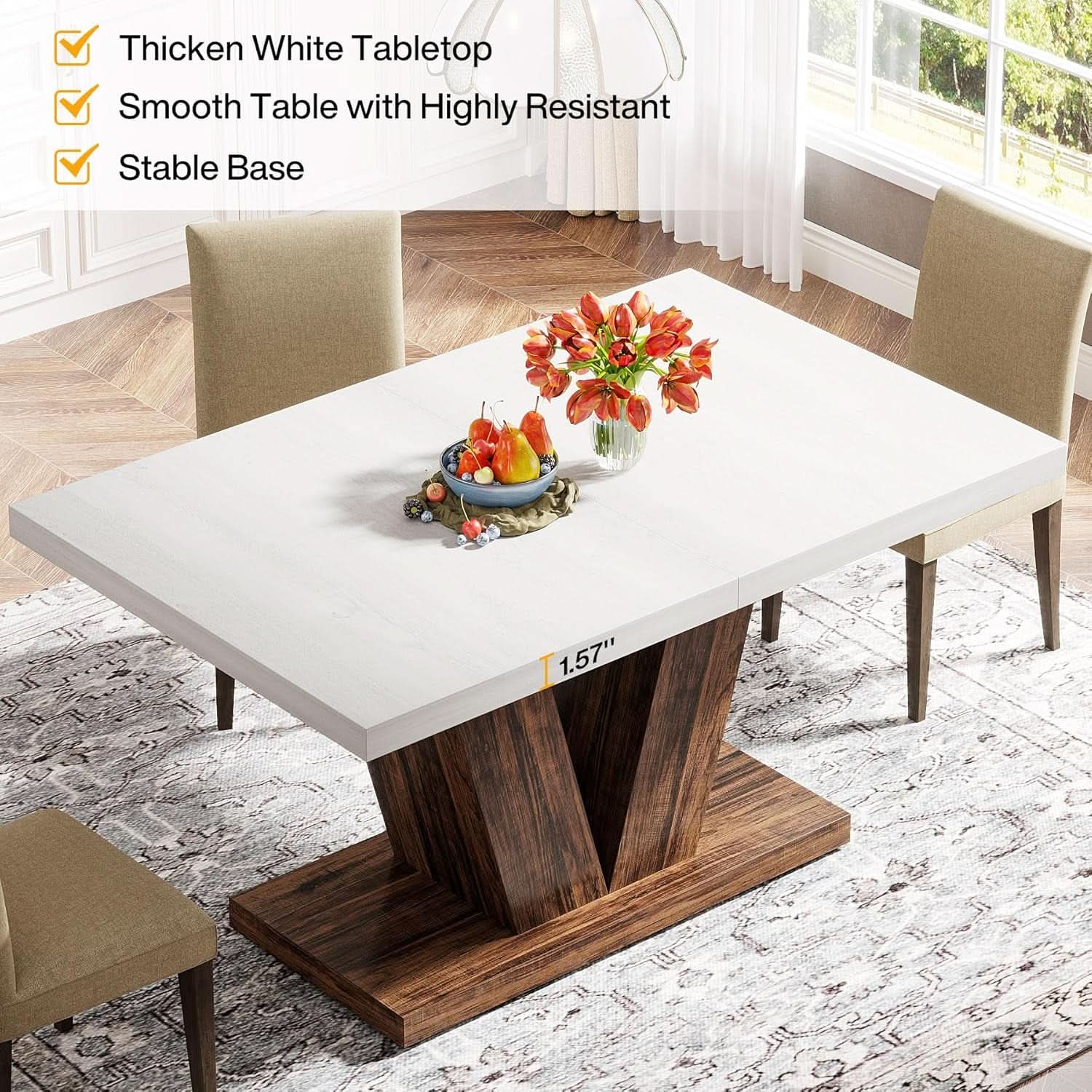 47 Inch White Oak Dining Table With Heavy Pedestal Base