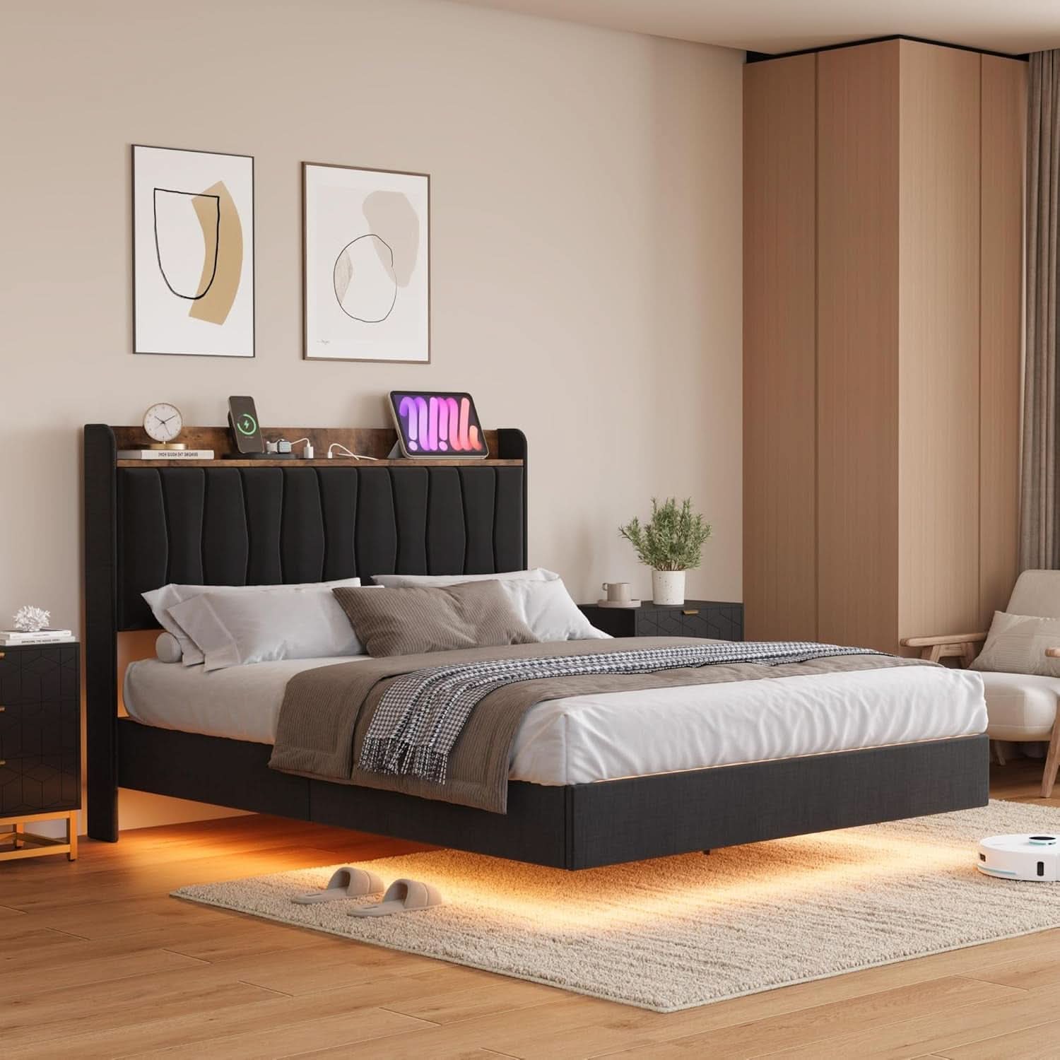Black Floating Full Bed Frame With Storage Headboard
