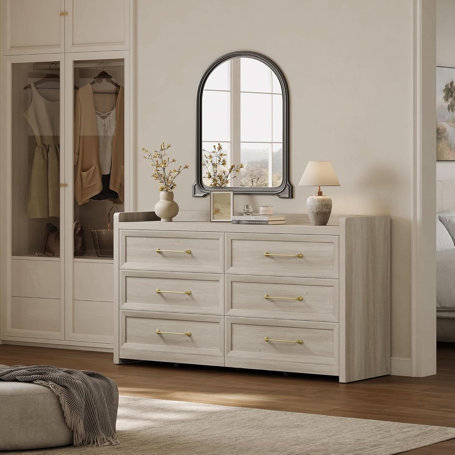 56InchExtraWideGreyOakDresser With LargeStorage Drawers