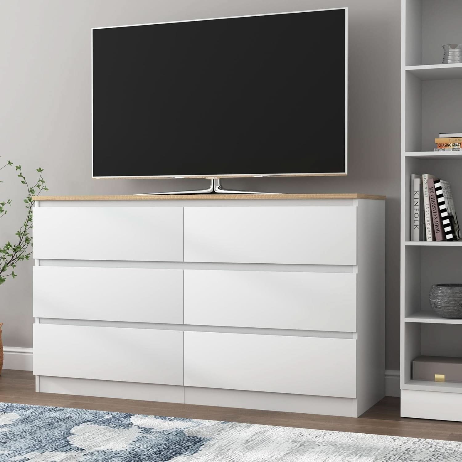 White Forty Seven Inch Six Drawer Dresser Wood Top