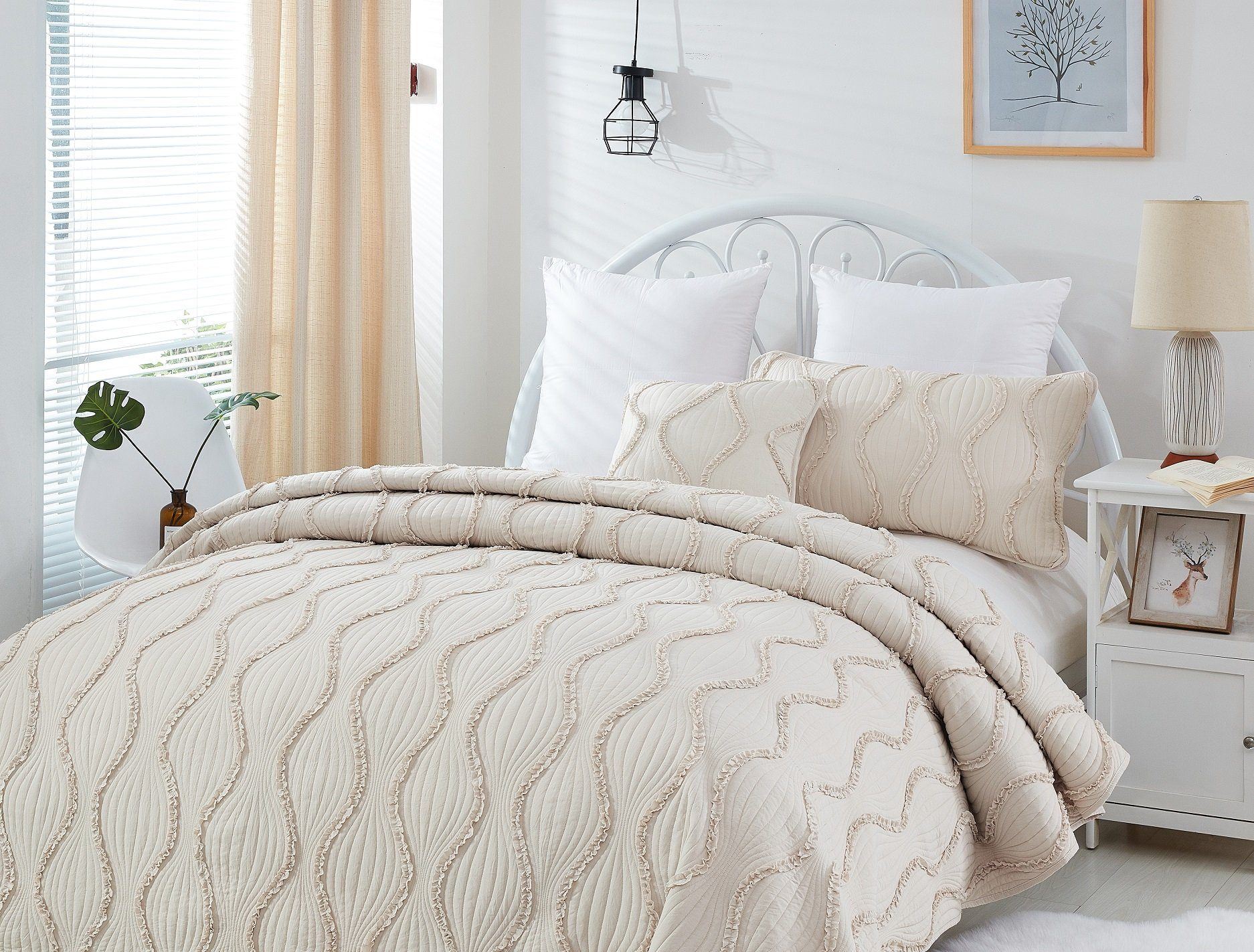 DaDa Bedding Soft Charming French Country Ruffles Quilted Cotton Bedspread Set - Ivory Cream Tan (JHW873)