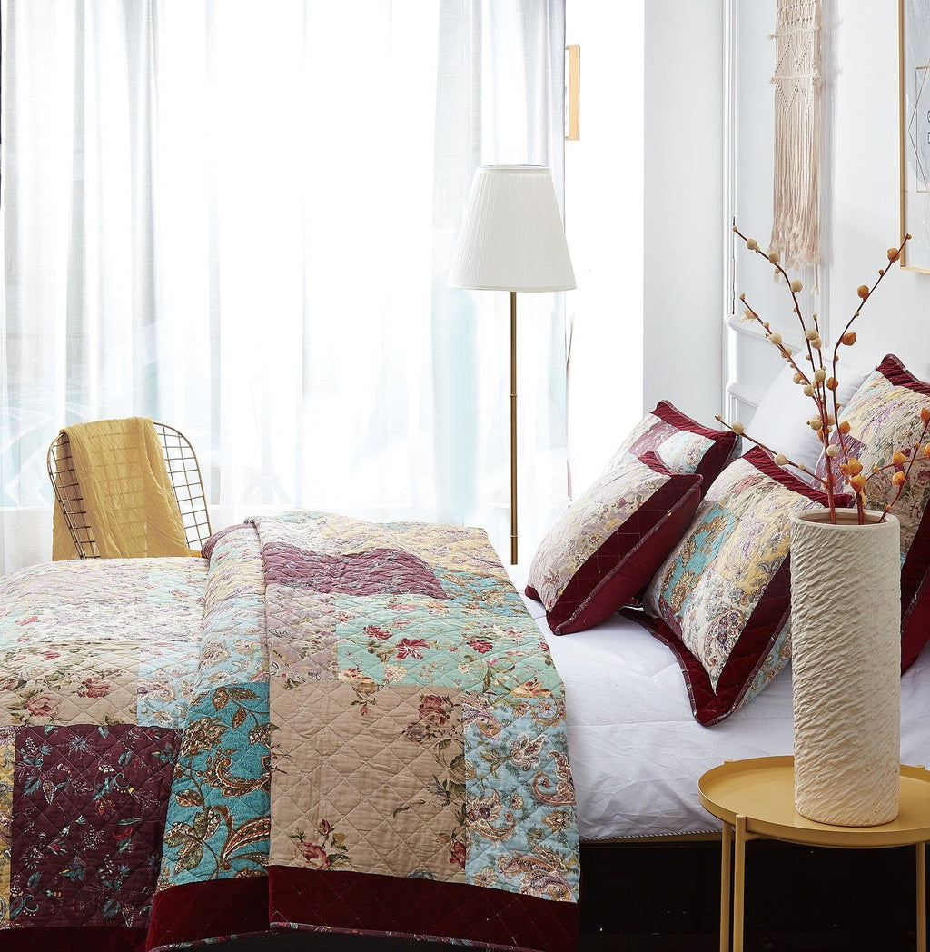 DaDa Bedding Bohemian Burgundy Red Velvet Trim Floral Paisley Patchwork Cotton Bedspread Set (JHW-868)