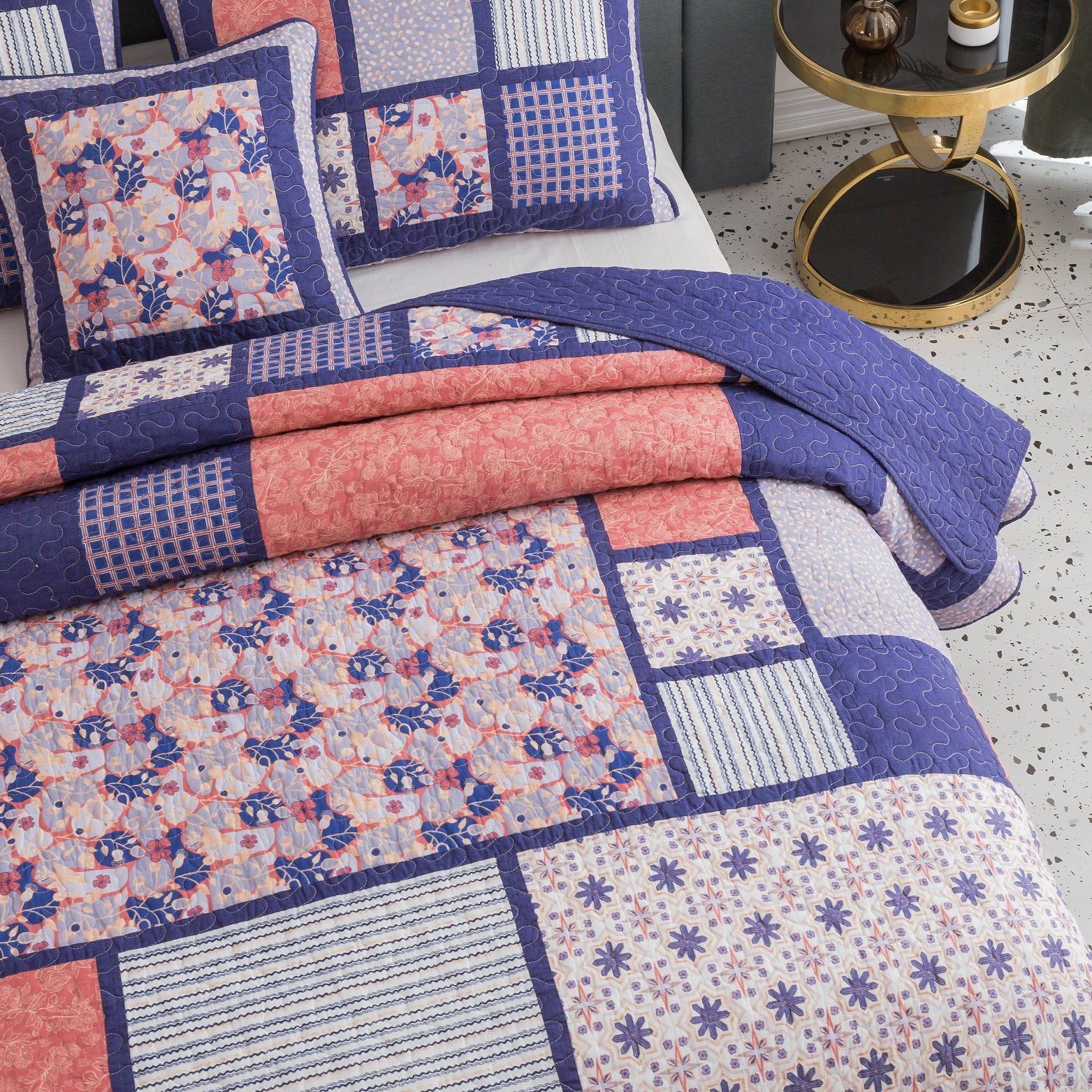 DaDa Bedding Peachy Pink Floral Blossoms Plum Purple Patchwork Quilted Bedspread Set - Designed in USA (JHW877)