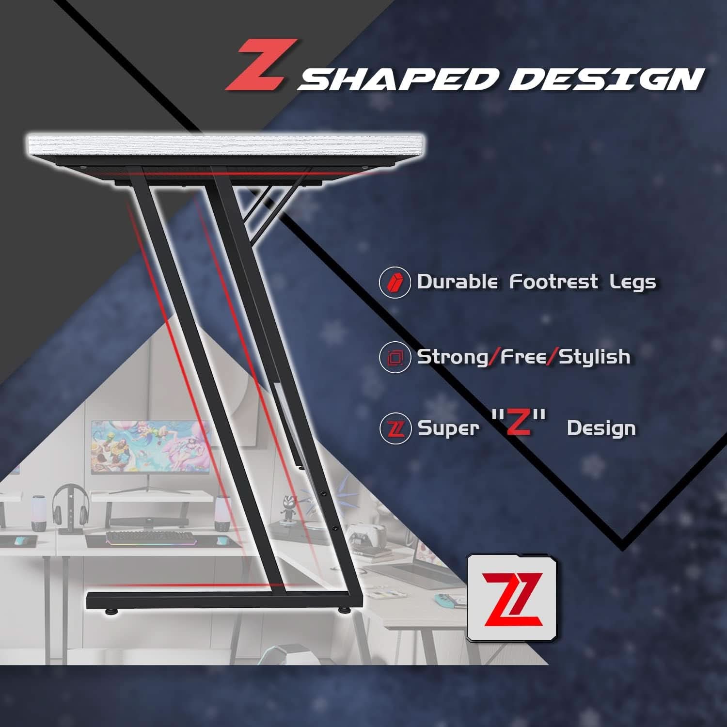 L Shaped Gaming Desk 51 Inch Monitor Riser Classical White