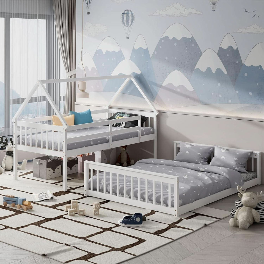 Solid Wood Twin Over Full Bunk Bed White With Guardrails