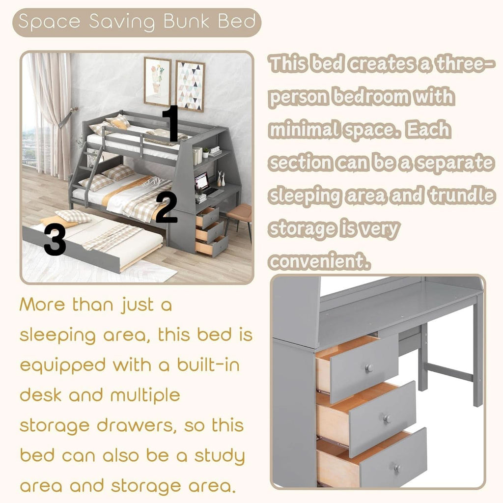 Gray Twin Over Full Bunk Bed With Trundle And Desk
