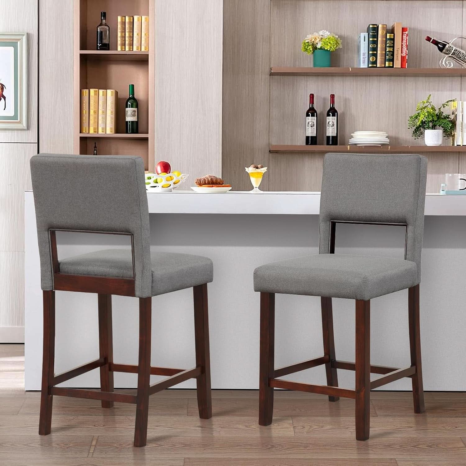 24.5 Inch Counter Height Bar Stools Set Of 2 Grey Upholstered Backrest With Rubber Wood Legs