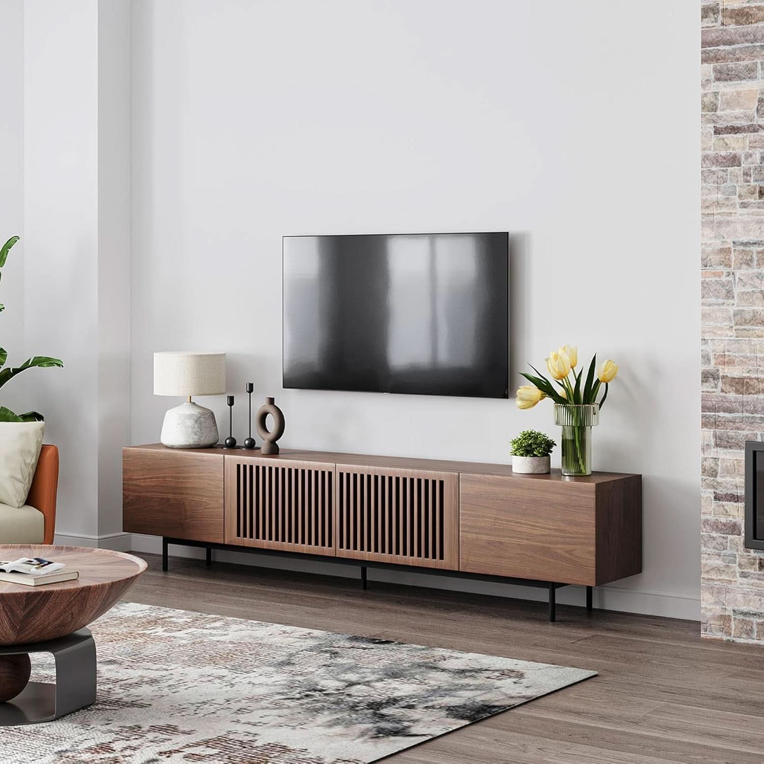 Solid Wood TV Stand For 70 To 75 Inch TV With Walnut Veneer