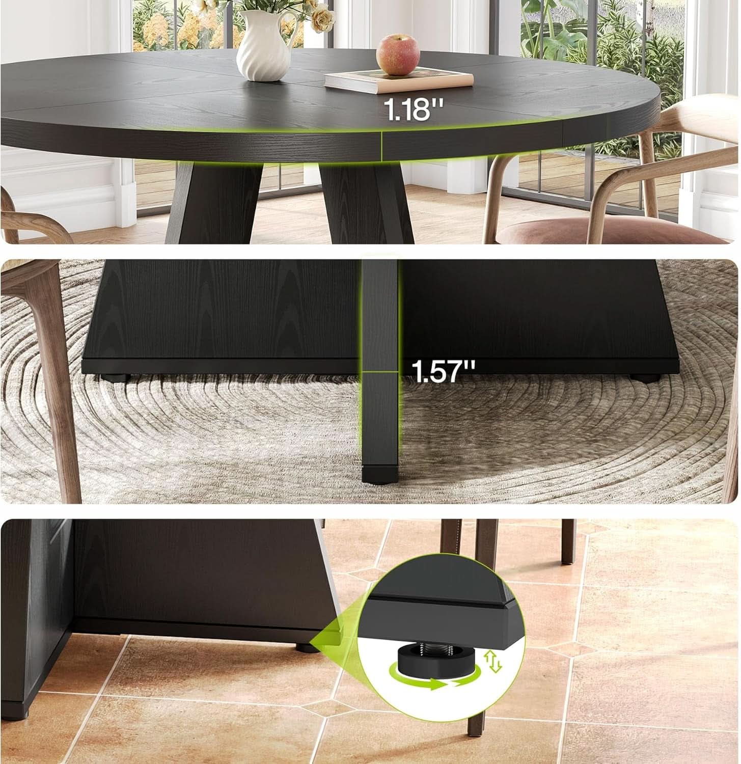 47 Inch Round Dining Table Black With Wooden Pedestal Base