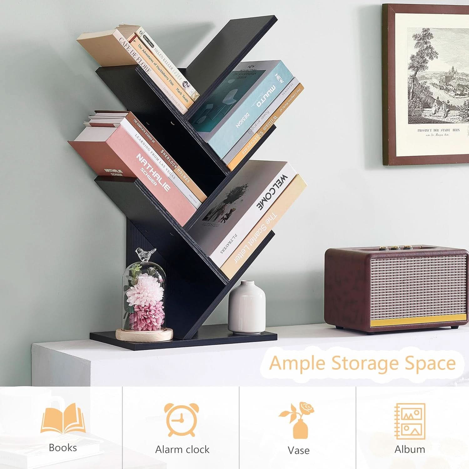 4 Tier Tree Bookshelf Floor Standing Bookcase Home