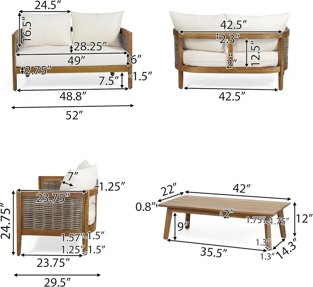 Burchett Outdoor 4 Piece Chat Set Acacia Wood And Wicker Teak Brown Beige