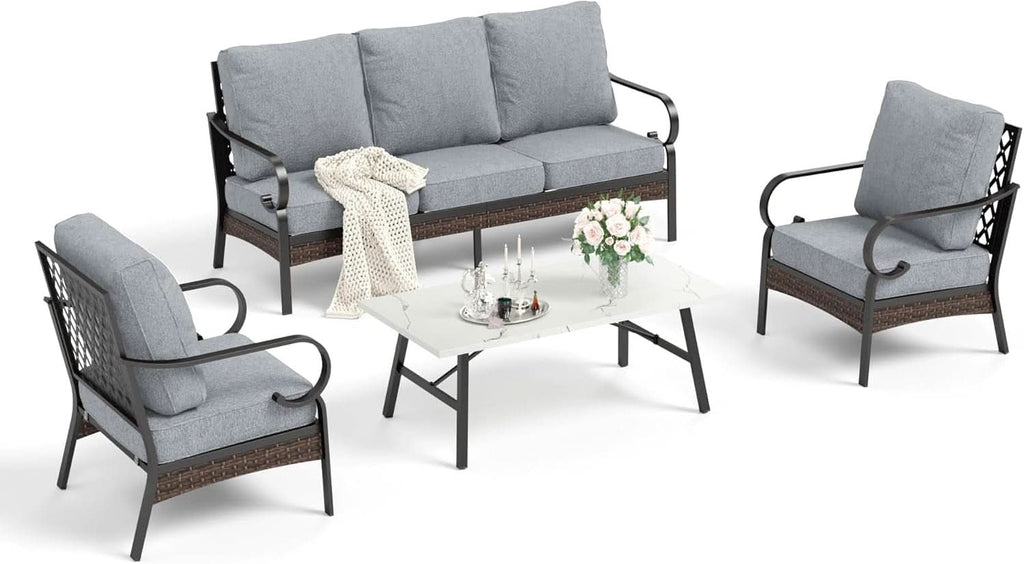 Grey 4 Piece Patio Furniture Set With Cushioned Chairs