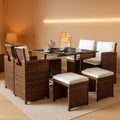 9 Piece Outdoor Patio Dining Set Rattan Chairs With Glass Table Beige Cushioned