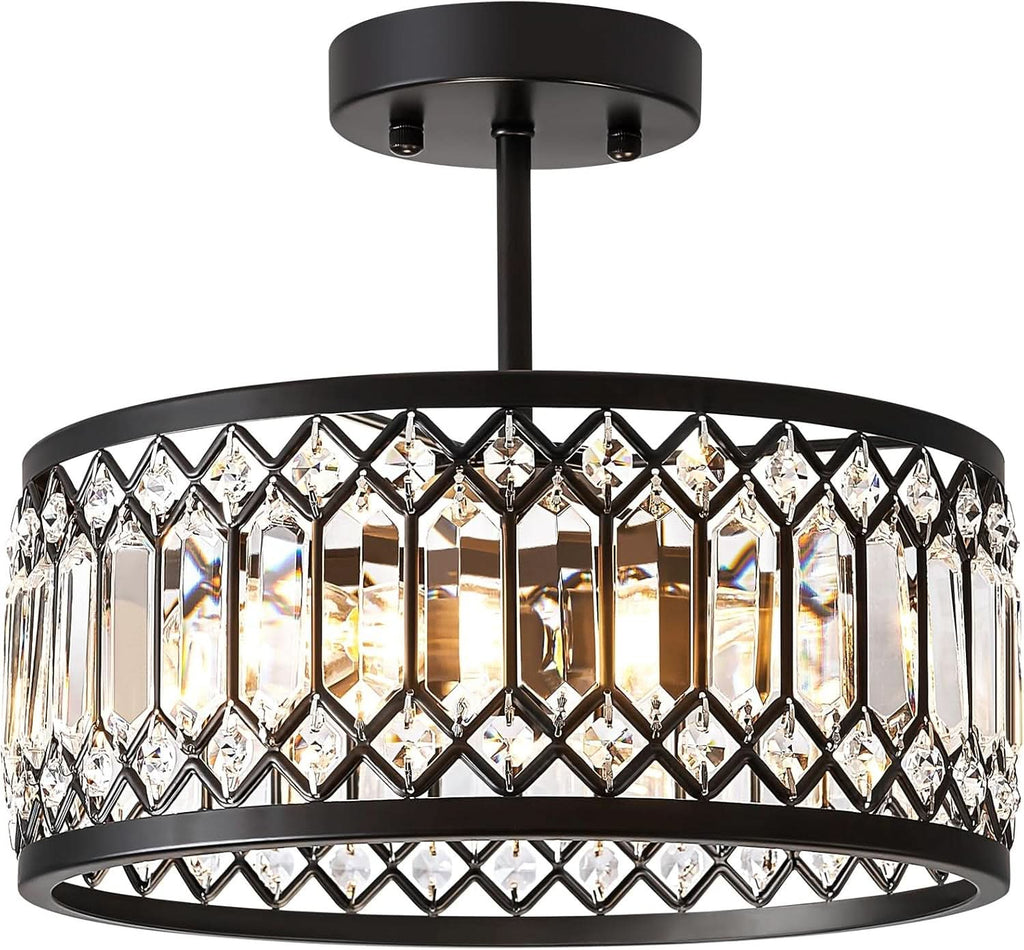 Crystal Black Three Light Semi Flush Mount Ceiling Light