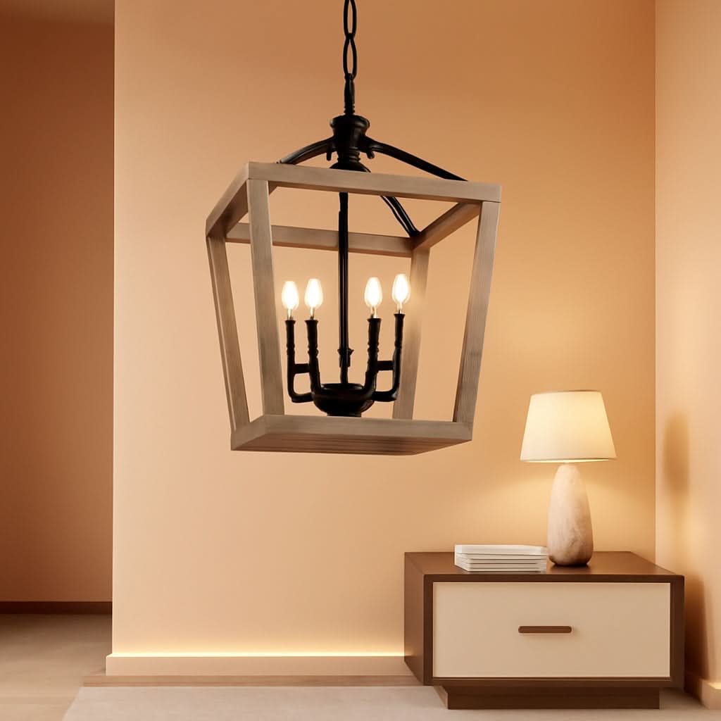 4 Light Farmhouse Chandelier With Rustic Wood Cage Light