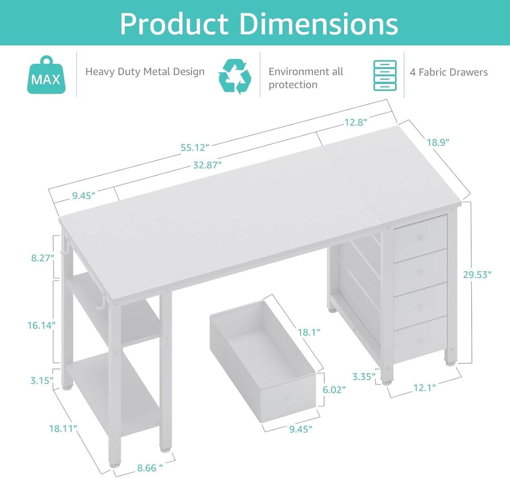 55 Inch White Computer Desk With Fabric Drawers And Storage