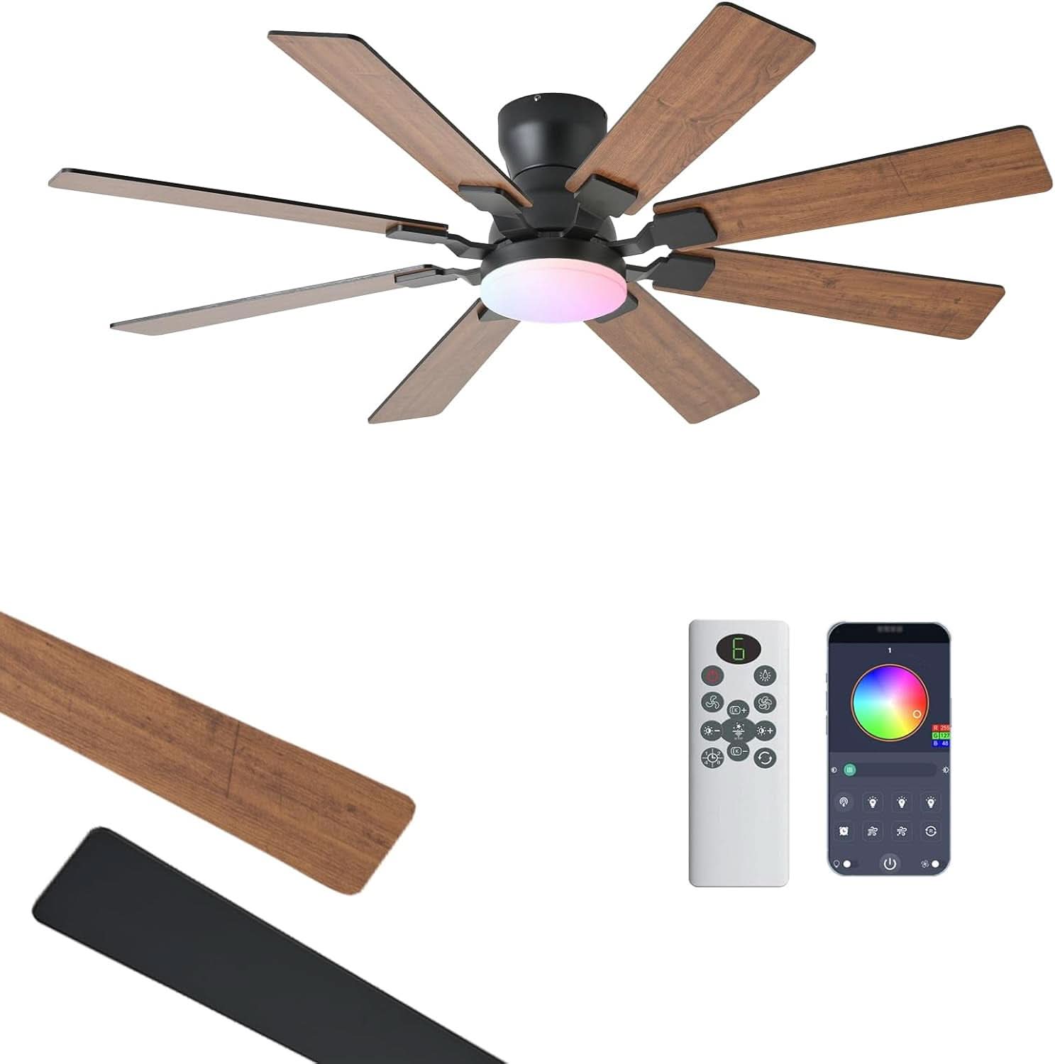 52 Inch Ceiling Fan With Light Remote App Control Brown