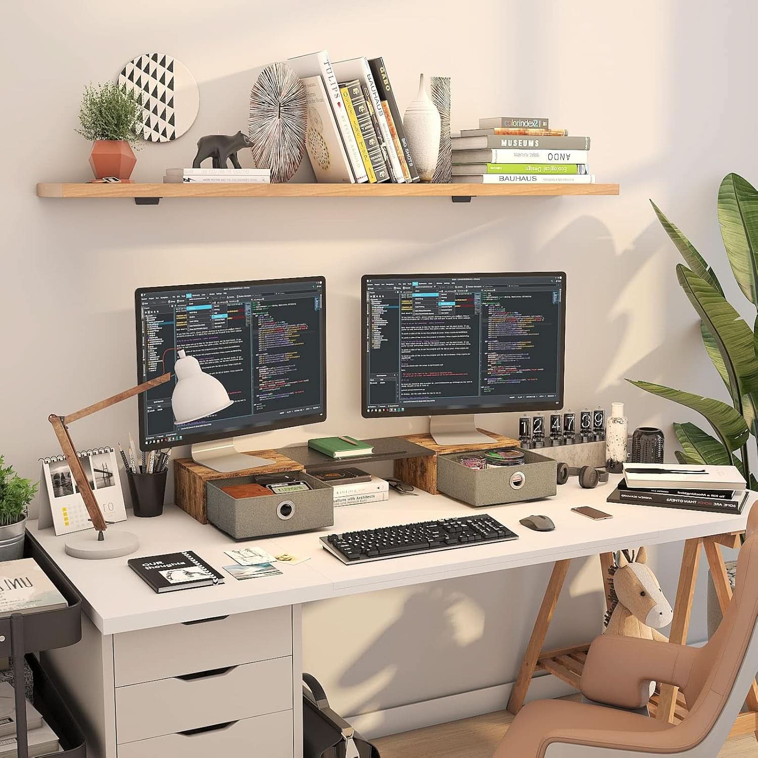 Dual Monitor Stand Riser For Two Monitors With Two Drawers