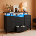11 Drawer Dresser With Fabric Drawers, Charging Station, LED Lights And Shelves, Black Wood Veins